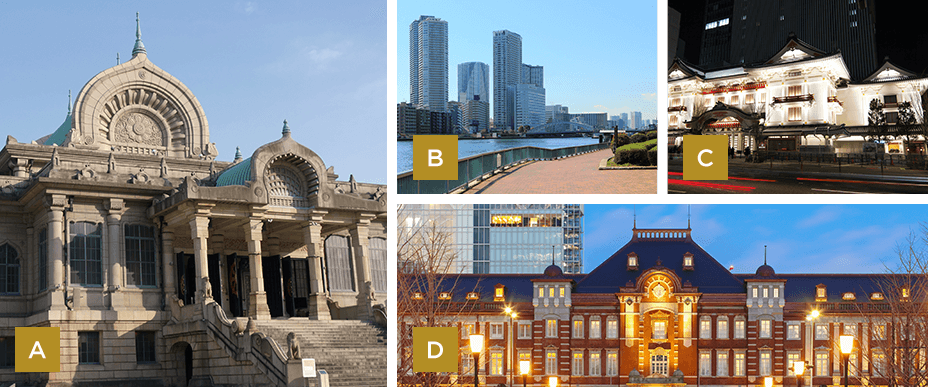 築地本願寺、隅田川テラス(※明石町河岸公園)、歌舞伎座、東京駅の写真